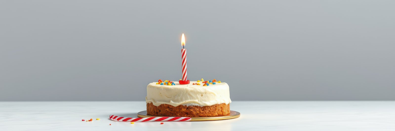 Celebration cake with a lit candle and colorful sprinkles on a simple white table